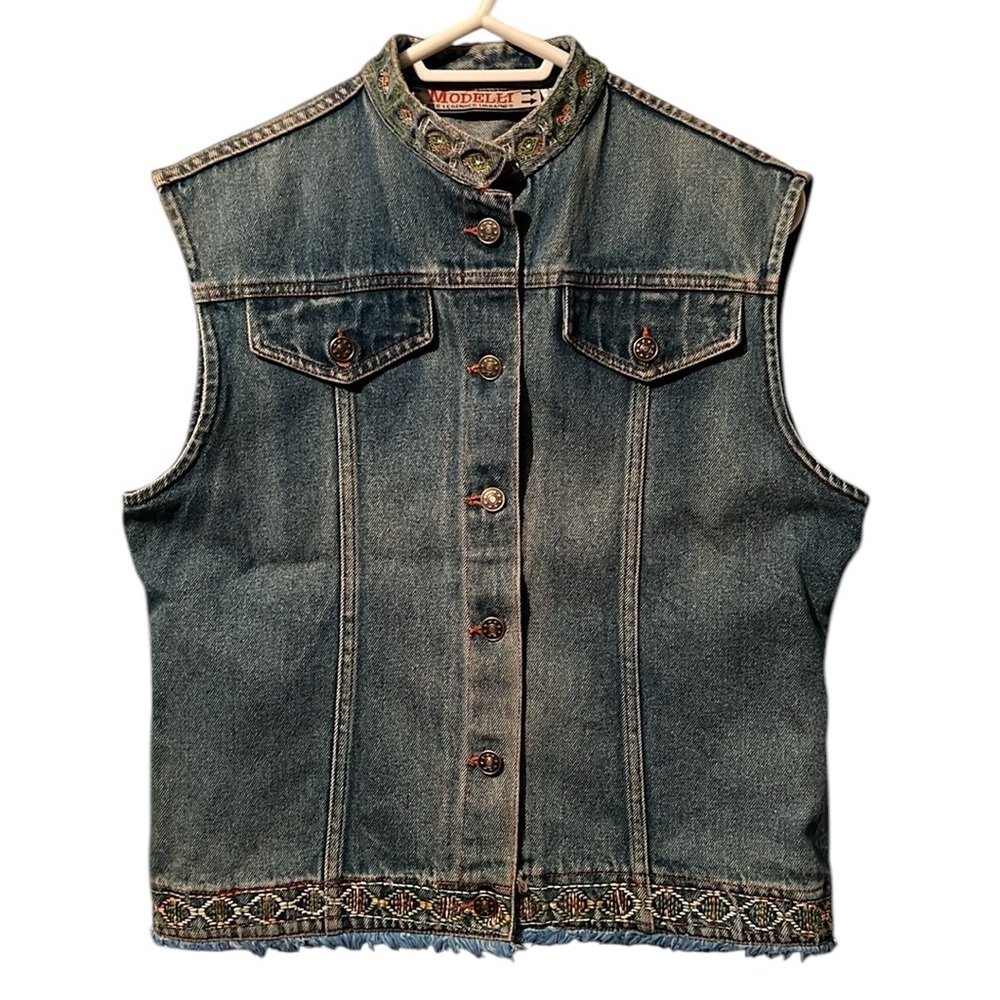 Vintage 90’s Denim Jean Vest Embroidered Fringe Medium Wash Women’s Size Large